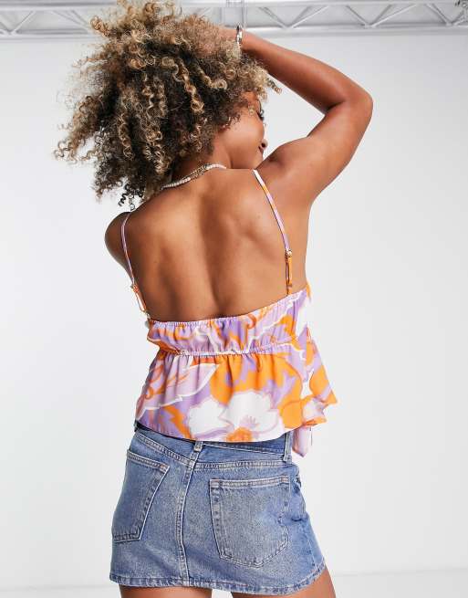 ASOS DESIGN cami with slit hem and ruffle detail in purple & orange print