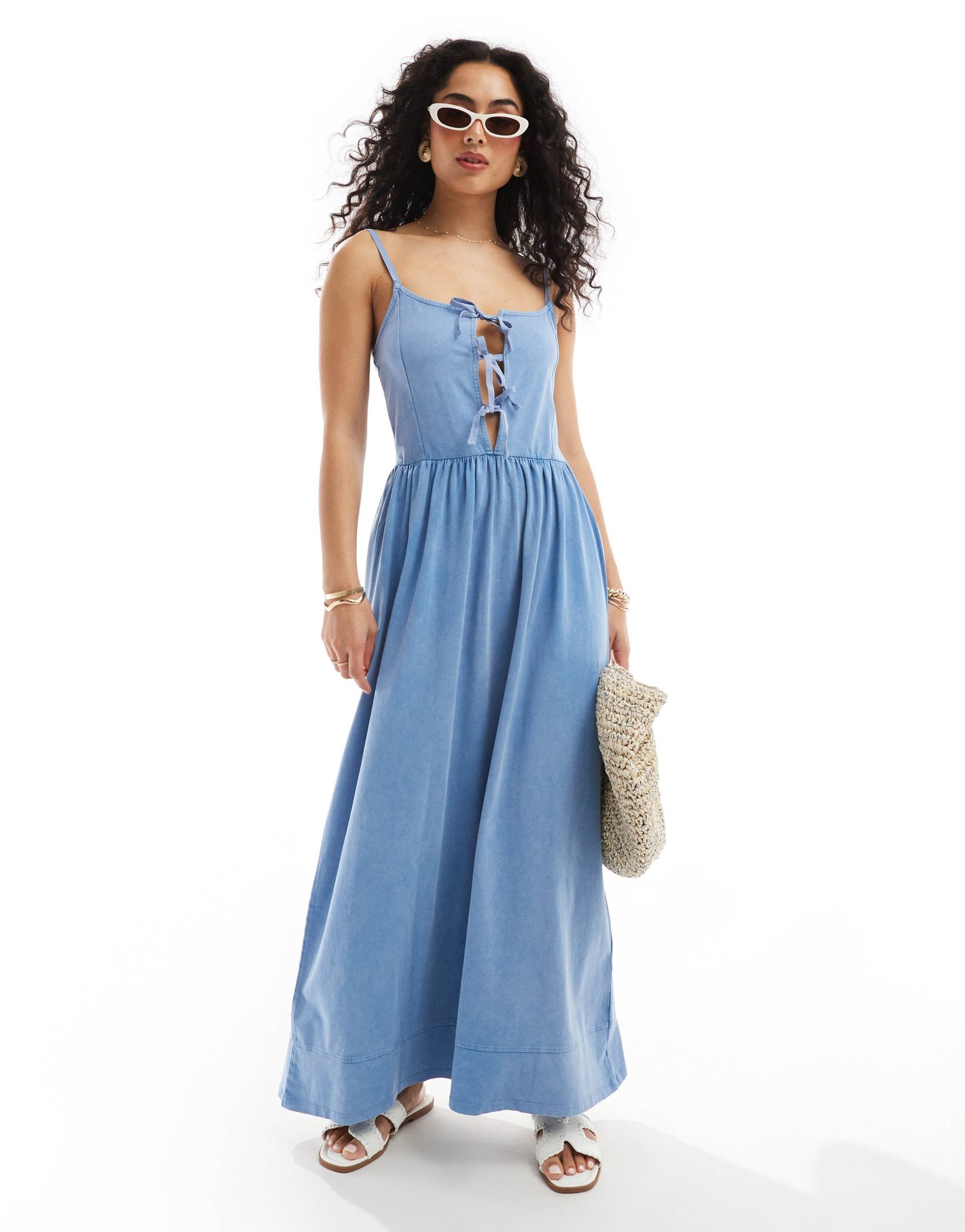 asos design cami with tie front bodice full skirt midi dress in blue