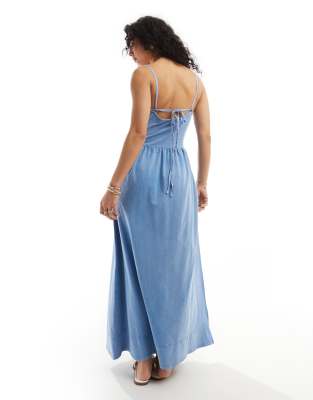 knee length dresses for ladies Rent ASOS DESIGN Cami Midi Slip Dress In High Shine Satin With Lace Up Back  In Black