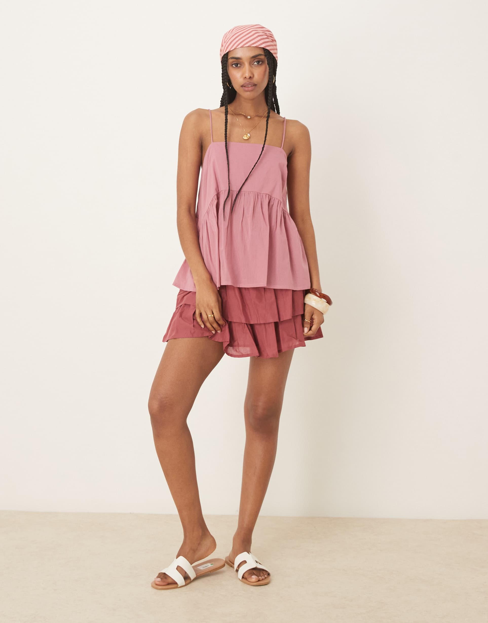 asos design cami with volume peplum and tie straps in pink