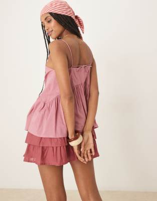 Asos Design Cami With Volume Peplum And Tie Straps In Pink