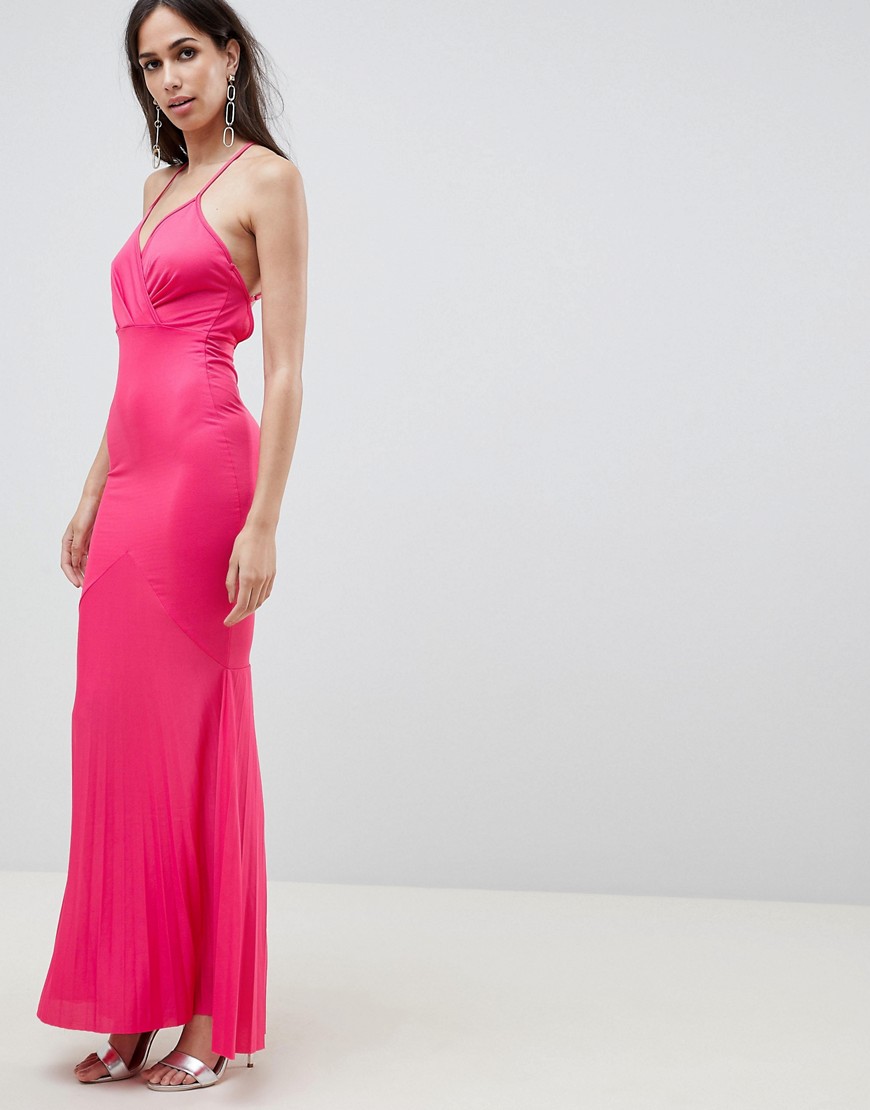 Asos Design Cami Wrap Front Pleated Fishtail Maxi Dress-pink