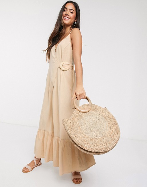 ASOS DESIGN cami wrap maxi dress in linen with wicker belt in stone