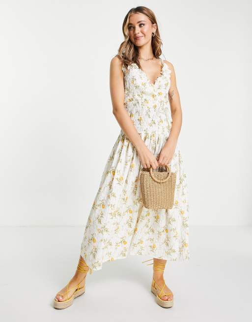 ASOS DESIGN cami wrap maxi dress with shirred waist in seersucker in white floral print