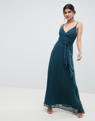 asos design bridesmaid cami wrap tie waist maxi dress with layered skirt