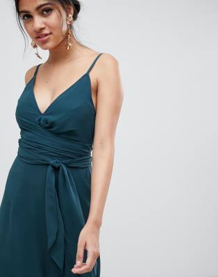 asos design bridesmaid cami wrap tie waist maxi dress with layered skirt