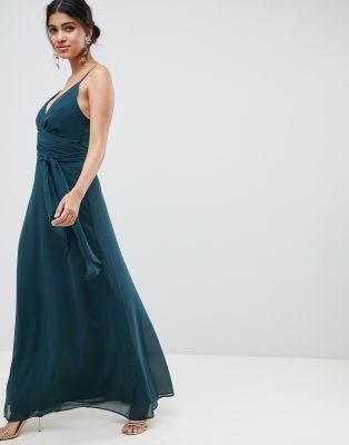 asos design bridesmaid cami wrap tie waist maxi dress with layered skirt