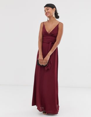 asos design bridesmaid cami wrap tie waist maxi dress with layered skirt