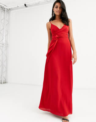 asos design bridesmaid cami wrap tie waist maxi dress with layered skirt
