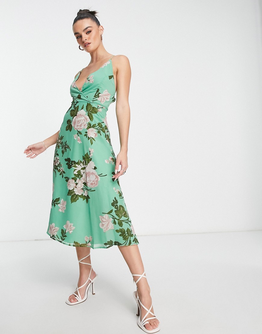 ASOS DESIGN cami wrap midi dress with lace up back in sage floral-Multi