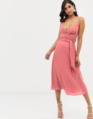 asos design cami wrap midi dress with tie waist