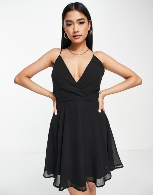 ASOS DESIGN strappy mini dress with v waist seam in black