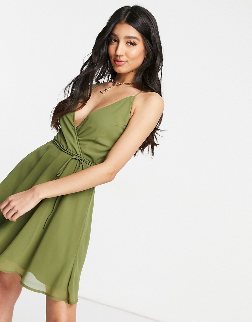 ASOS DESIGN cami wrap mini dress with lace up back in Khaki-Green