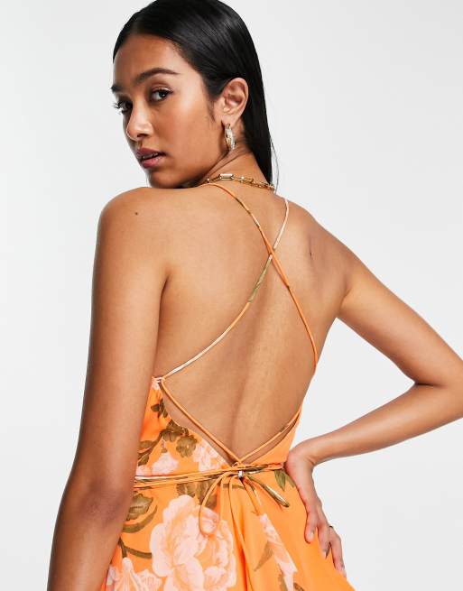 ASOS DESIGN cami wrap mini dress with lace up back in orange