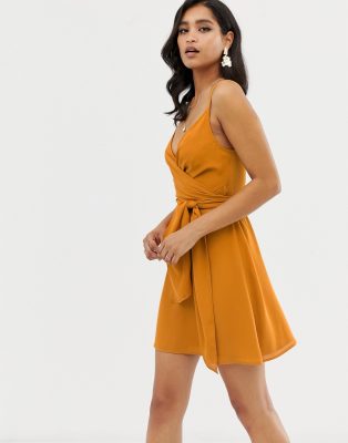 asos design cami wrap mini dress with tie waist