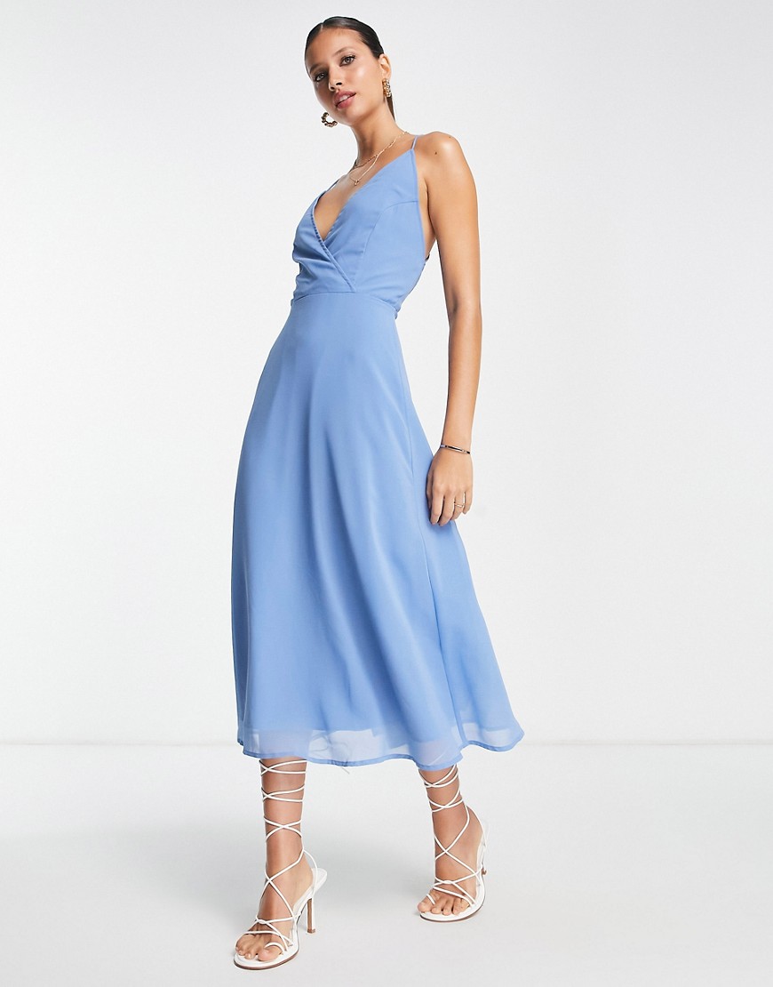 ASOS DESIGN cami wrap waist midi dress with lace up back-Blue