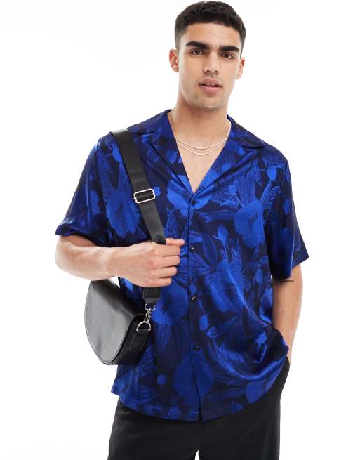 ASOS DESIGN - Camicia a maniche corte comoda blu a fiori jacquard con rever