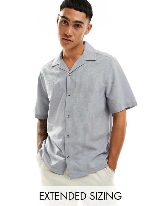 ASOS DESIGN - Camicia a maniche corte comoda blu polvere testurizzato con colletto con rever