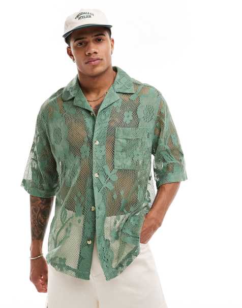 ASOS DESIGN - Camicia a maniche corte comoda in pizzo verde salvia con rever - view 1