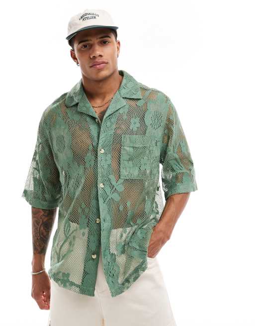 ASOS DESIGN - Camicia a maniche corte comoda in pizzo verde salvia con rever