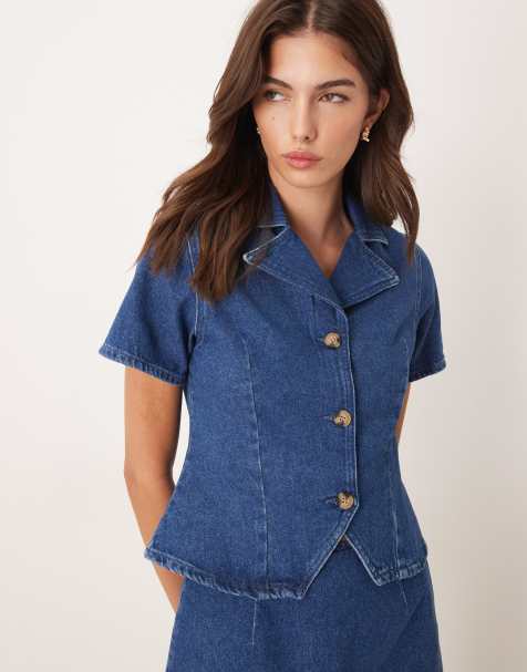 ASOS DESIGN - Camicia a maniche corte in denim color blu medio con scollo a V in coordinato - view 1