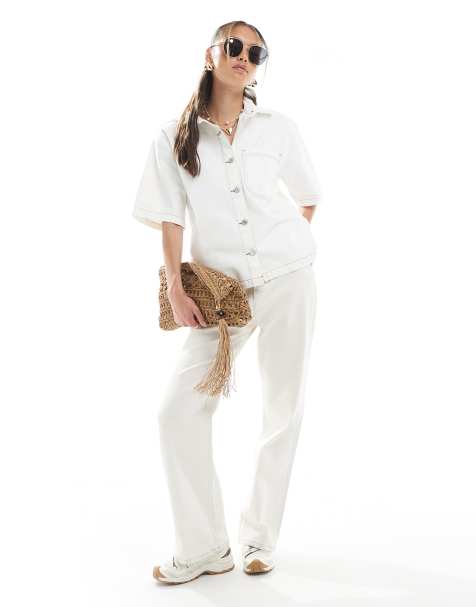 ASOS DESIGN - Camicia a maniche corte in denim con tasche color ecru - view 1