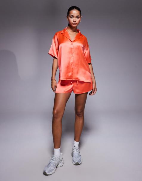 ASOS DESIGN - Camicia a maniche corte in raso color corallo in coordinato - view 1