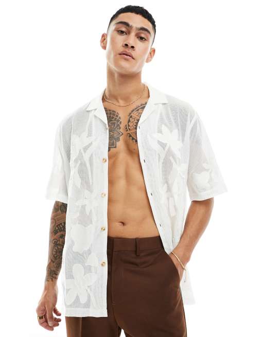 ASOS DESIGN - Camicia a maniche corte in rete écru con ricamo 