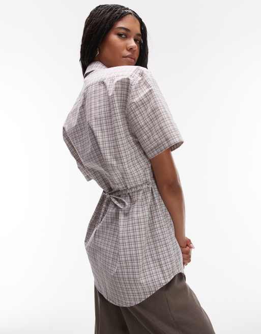 ASOS DESIGN - Camicia a maniche corte marrone a quadri con spalline imbottite, 4 di 4