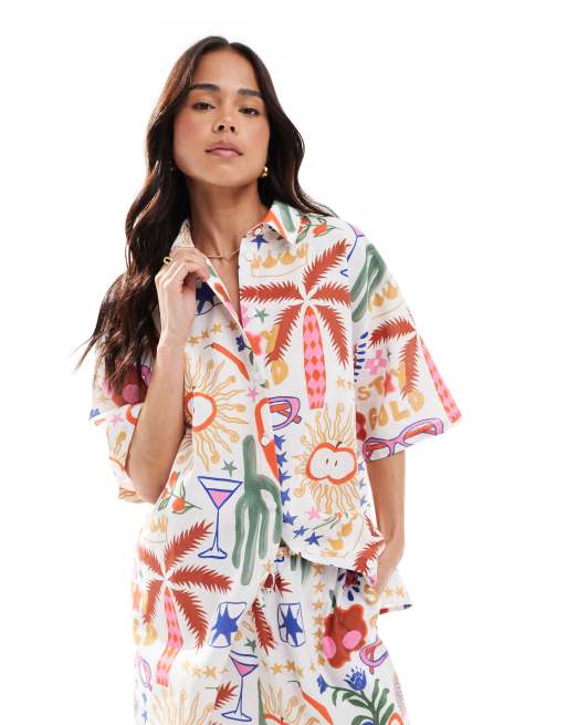ASOS DESIGN - Camicia a maniche corte oversize in lino con stampa di cactus in coordinato