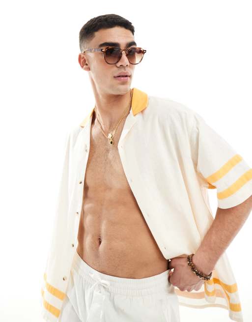 ASOS DESIGN - Camicia a maniche corte oversize in misto lino écru a pannelli gialli con rever