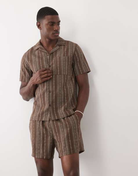 ASOS DESIGN - Camicia a maniche corte regular a righe marrone in coordinato - view 1