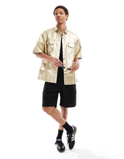 ASOS DESIGN - Camicia a maniche corte squadrata oversize in denim spalmato oro 