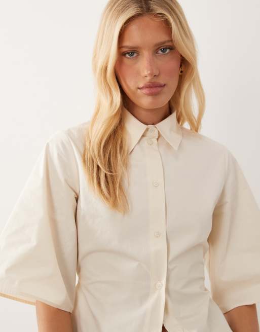 ASOS DESIGN - Camicia a maniche corte stretta in vita color avorio, 3 di 4
