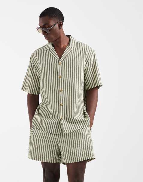 ASOS DESIGN - Camicia a maniche corte verde a righe in coordinato - view 1