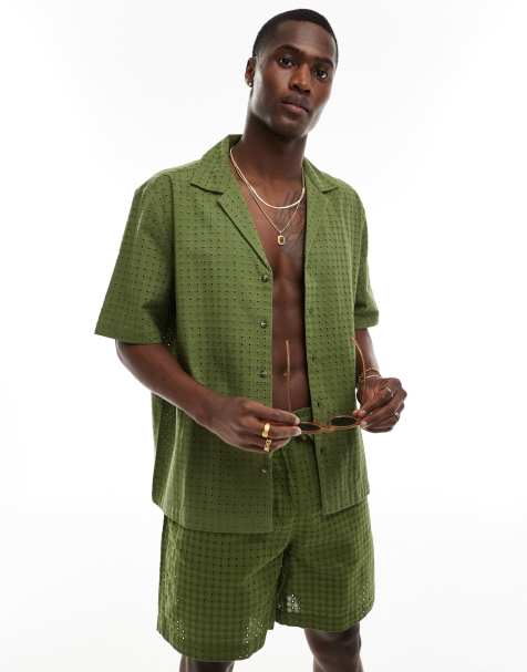 ASOS DESIGN - Camicia a maniche corte verde kaki in pizzo vestibilità comoda con rever in coordinato - view 1