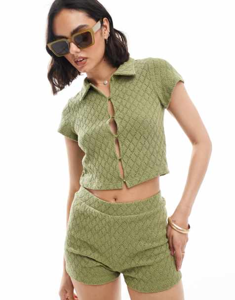 ASOS DESIGN - Camicia a maniche corte verde oliva testurizzata in coordinato - view 1