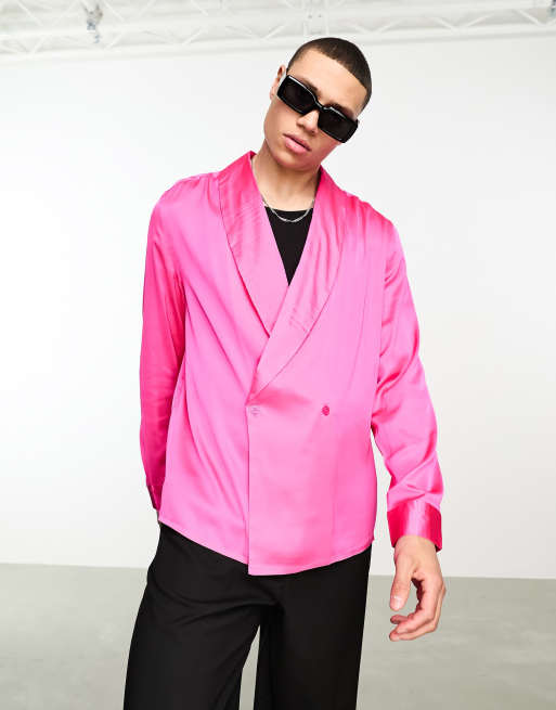 ASOS DESIGN - Camicia a maniche lunghe doppiopetto in raso rosa fluo con colletto sciallato