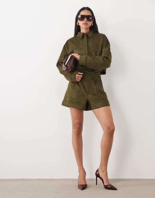 ASOS DESIGN - Camicia a maniche lunghe in camoscio sintetico color kaki in coordinato, 1 di 3