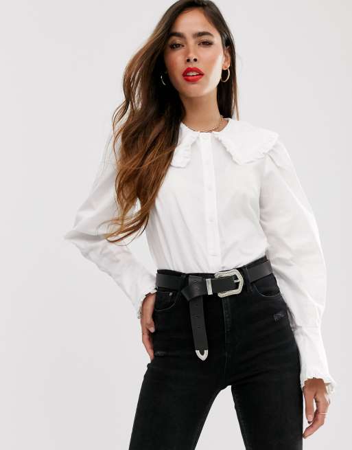 ASOS DESIGN - Camicia a maniche lunghe in cotone con volant sul colletto