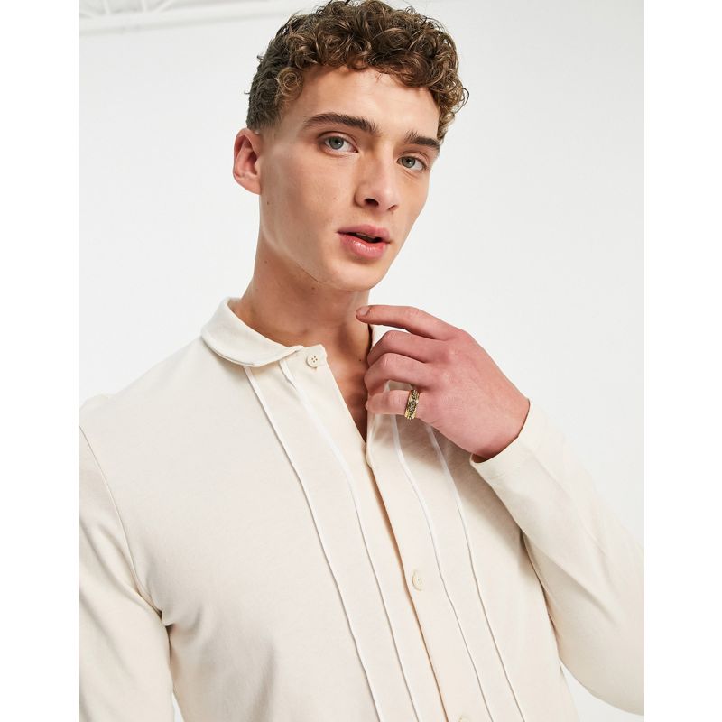 Uomo Camicie DESIGN - Camicia a maniche lunghe in jersey color pietra con profili bianchi a contrasto
