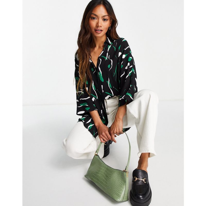 HwQ4l Donna DESIGN - Camicia a maniche lunghe oversize morbida bianca e verde con stampa a macchie