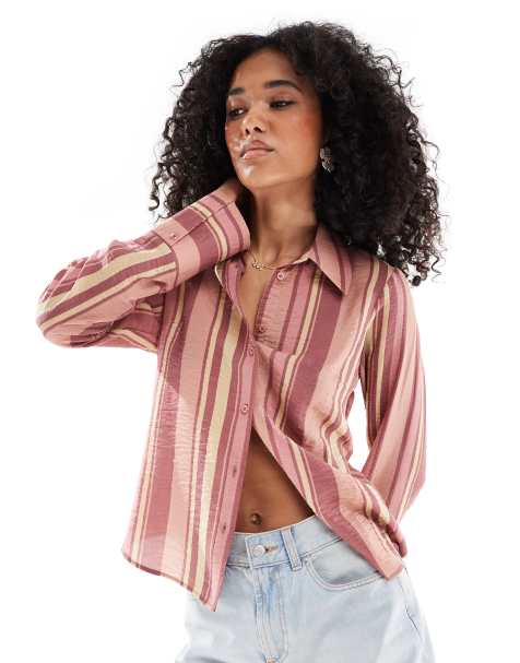 ASOS DESIGN - Camicia a maniche lunghe stretta in vita rosa a righe - view 1