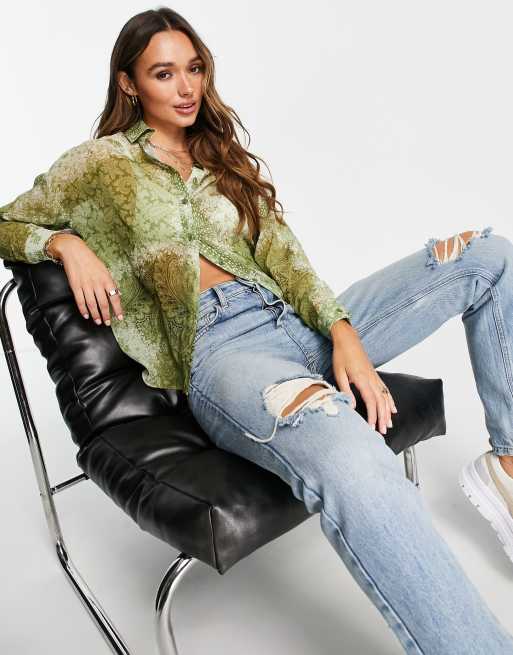 ASOS DESIGN - Camicia a maniche lunghe verde con stampa cachemire floreale mista