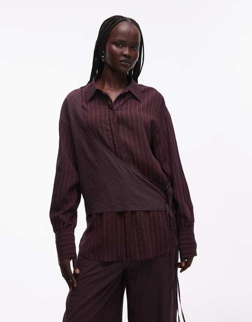 ASOS DESIGN - Camicia a portafoglio a righe color prugna in coordinato