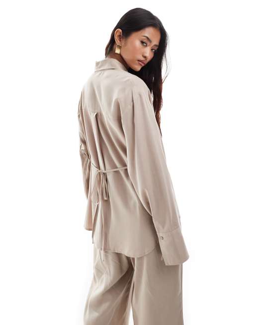 ASOS DESIGN - Camicia a portafoglio con laccetti sabbia slavato in coordinato, 2 di 4