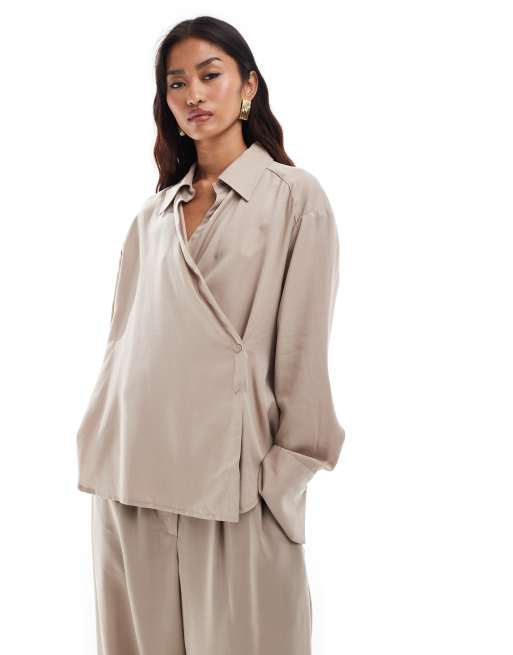 ASOS DESIGN - Camicia a portafoglio con laccetti sabbia slavato in coordinato, 4 di 4