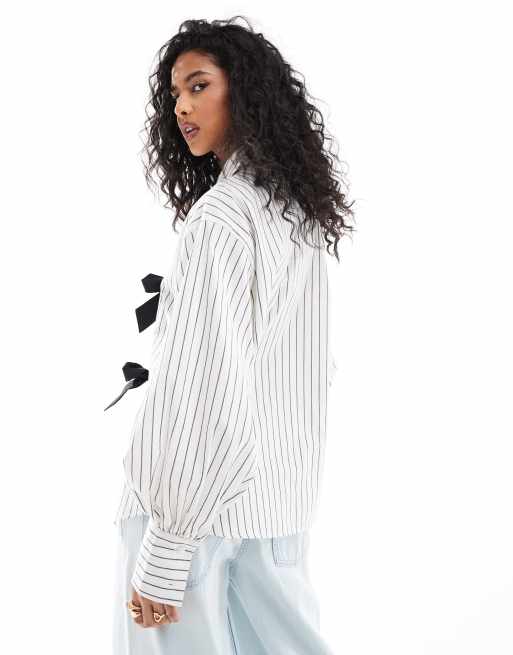 ASOS DESIGN - Camicia a righe bianca e nera con fiocco, 4 di 4