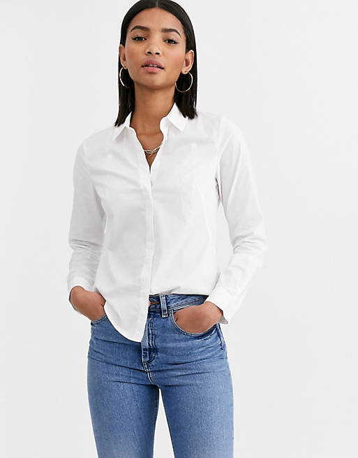 ASOS DESIGN - Camicia aderente a maniche lunghe in cotone elasticizzato bianco