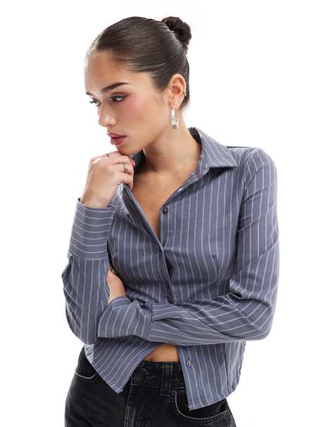 ASOS DESIGN - Camicia aderente grigia a righe - view 1